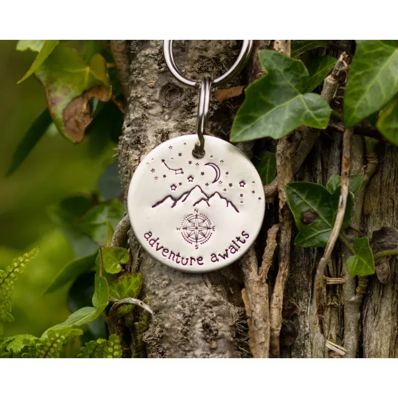 'Adventure Awaits' keychain, handstamped Copper