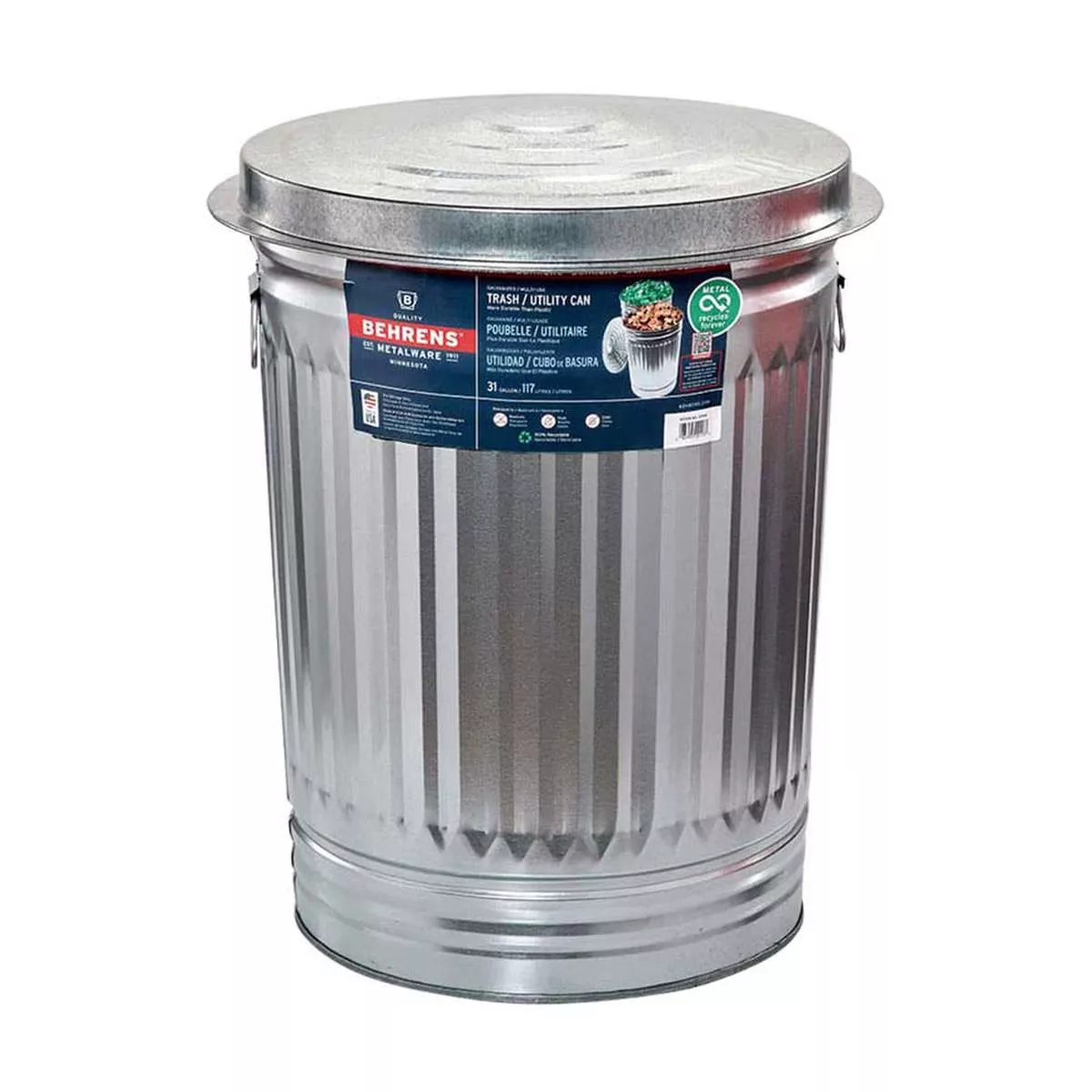 Behrens 31 Gallon Galvanized Steel Trash Can with Lid