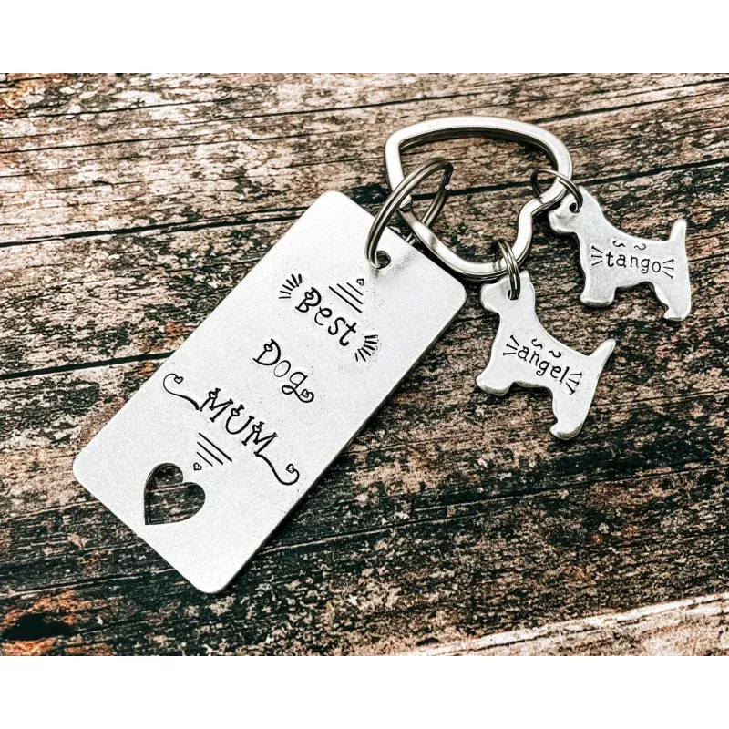 'Best Dog Mom' keychain, hand stamped pet lover gift