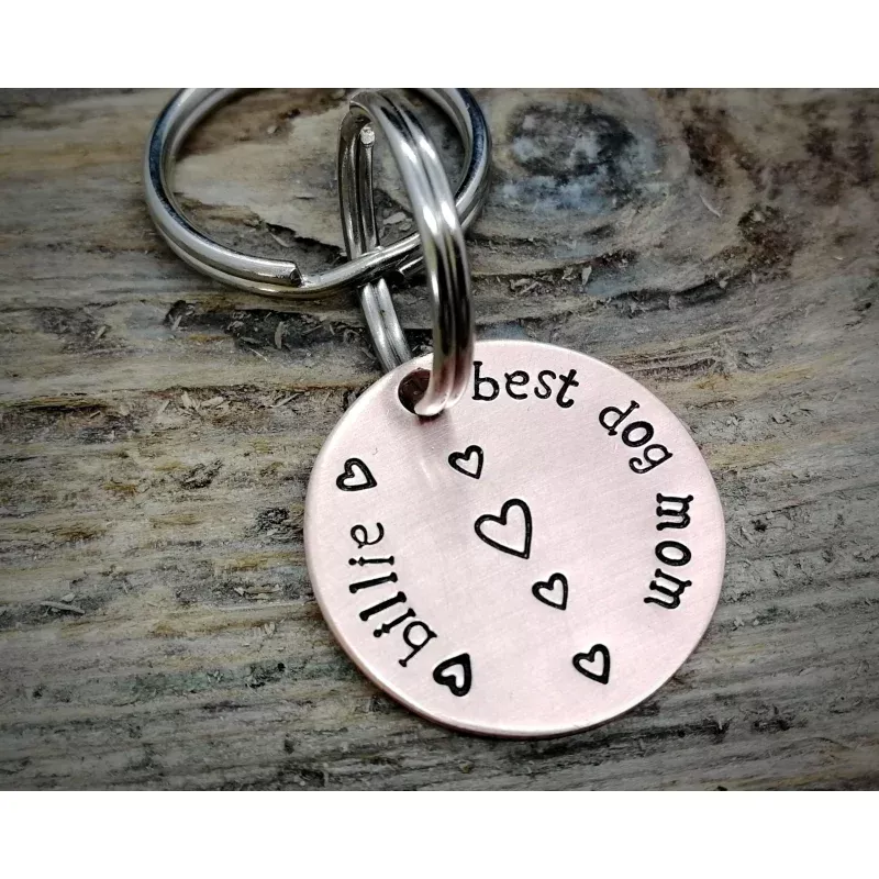'Best dog mom' keychain, handstamped with the dog's name & hearts Copper