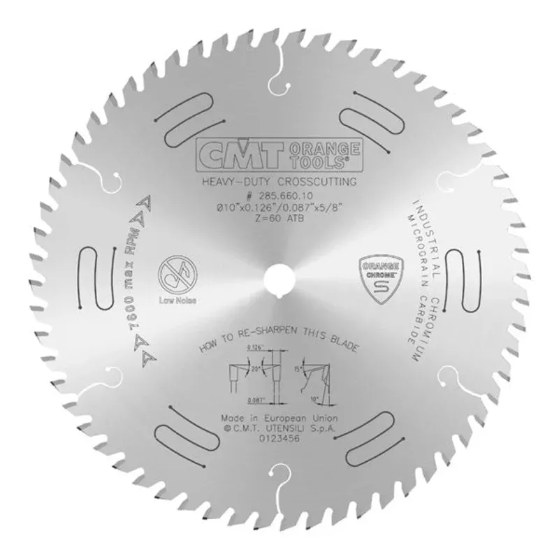 CMT Orange Chrome Carbide Full Kerf 10 Ultimate Crosscutting Blade, 60 Teeth, Alternate Top Bevel Grind, 0.126 Kerf 285.660.10