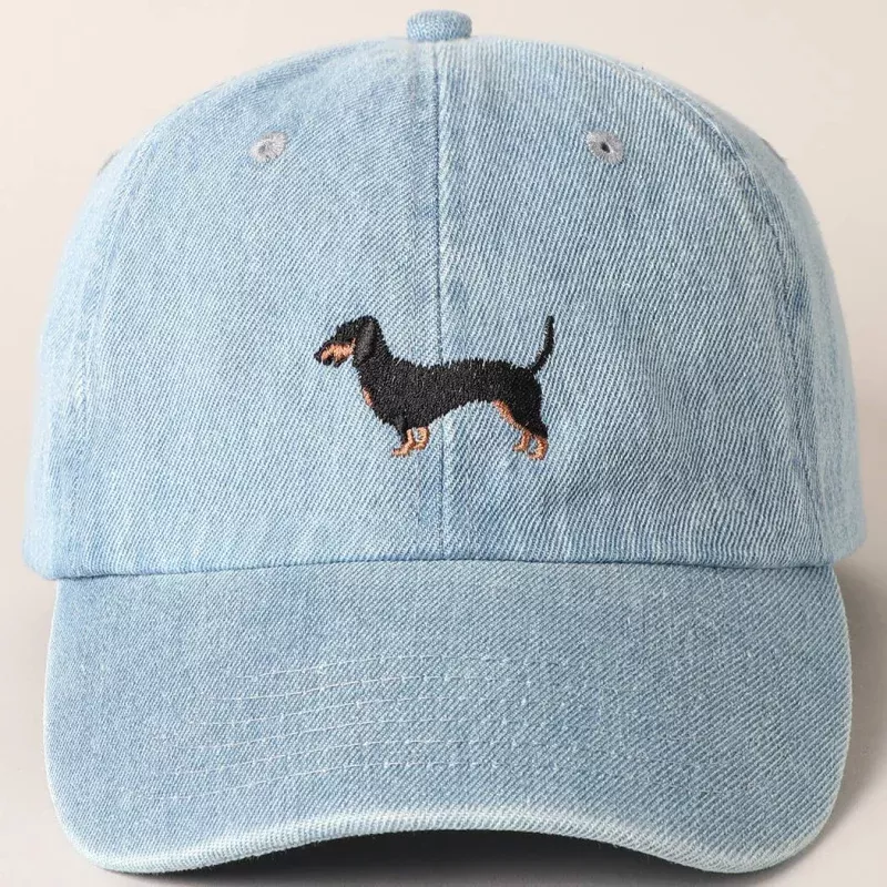 Dachshund Dog Embroidered Denim Baseball Cap Light Denim