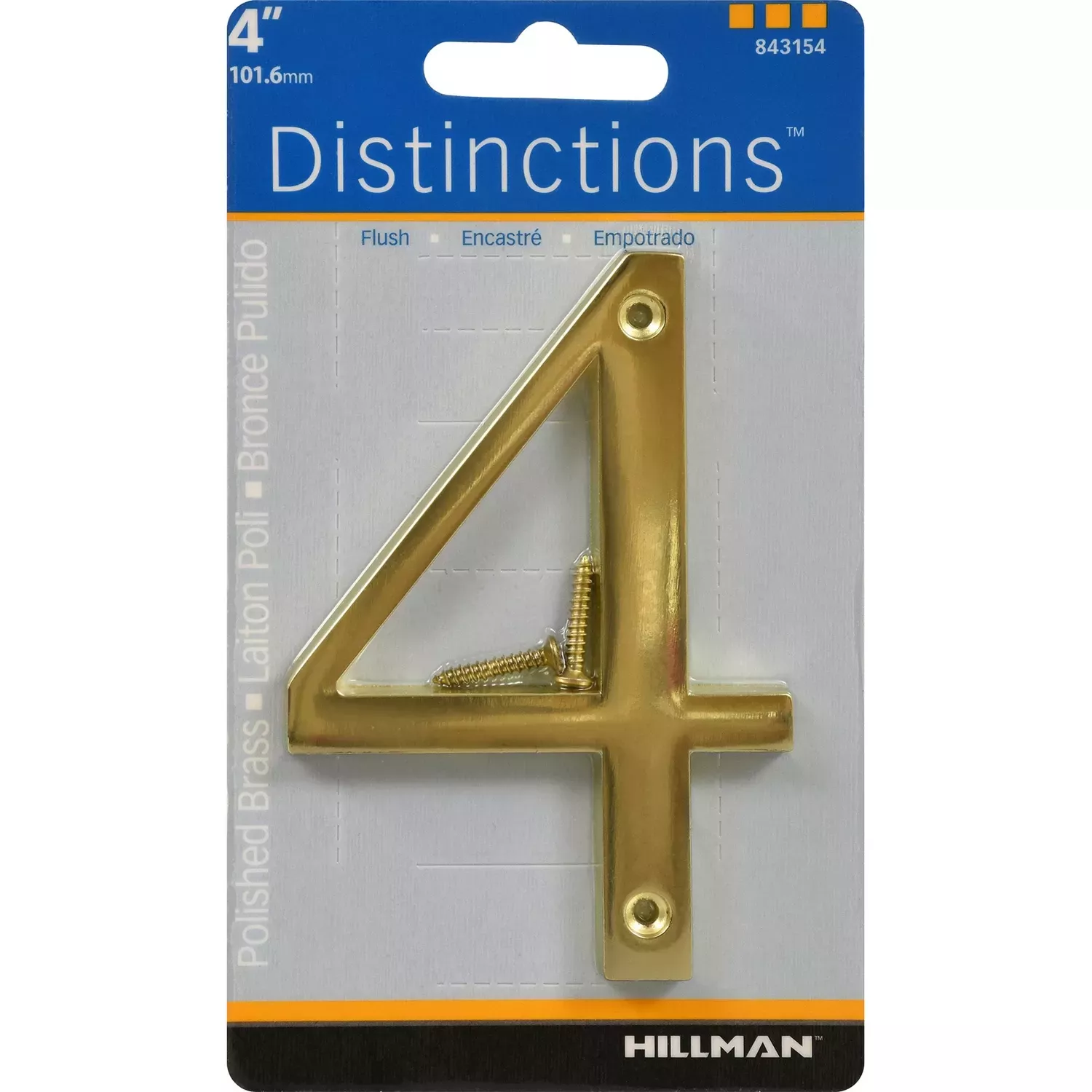 Distinctions House Address Number 4, Screw-in, Polished Brass, 4-in.