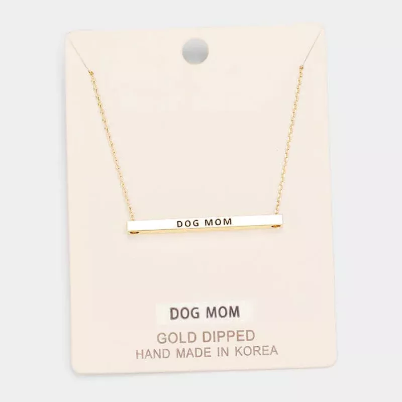 'Dog Mom' Horizontal Metal Bar Pendant Necklace Gold
