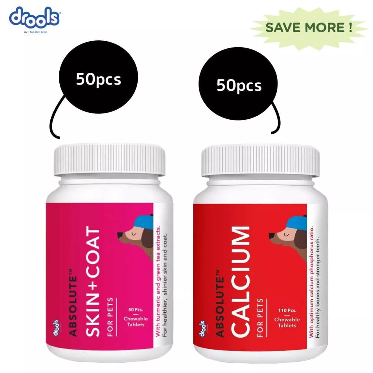 Drools Absolute Skin & Coat and Absolute Calcium Supplement Tablets for Dogs Combo