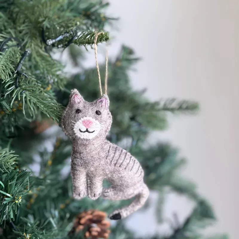 Felt Stitched Cat Ornament Gray Tabby