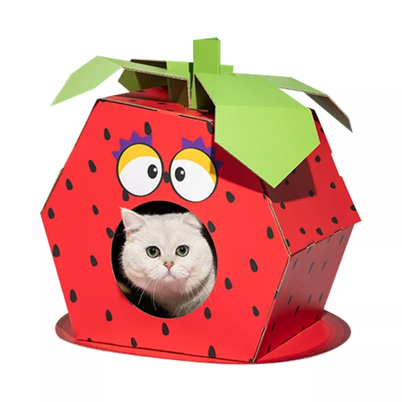 FOFOS Strawberry Cardboard Cat House With Scratching Pad