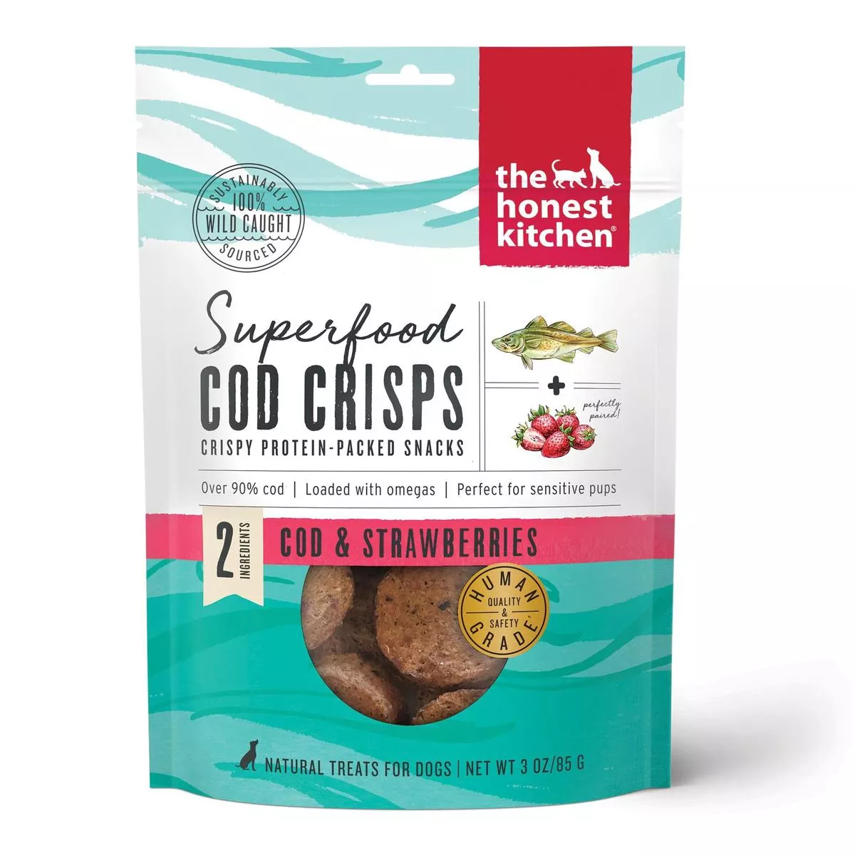 The Honest Kitchen Superfood Cod Crisps Cod & Strawberries Dog Treats, 3-oz
