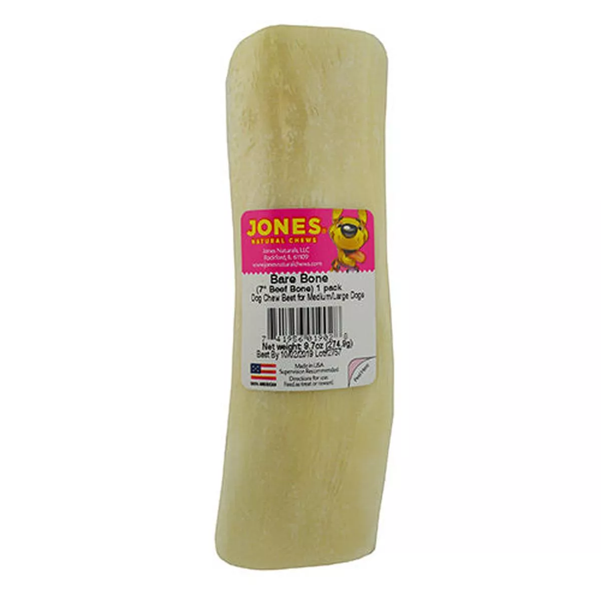 Jones Natural Chews Bare Beef Dog Bone, 7-in