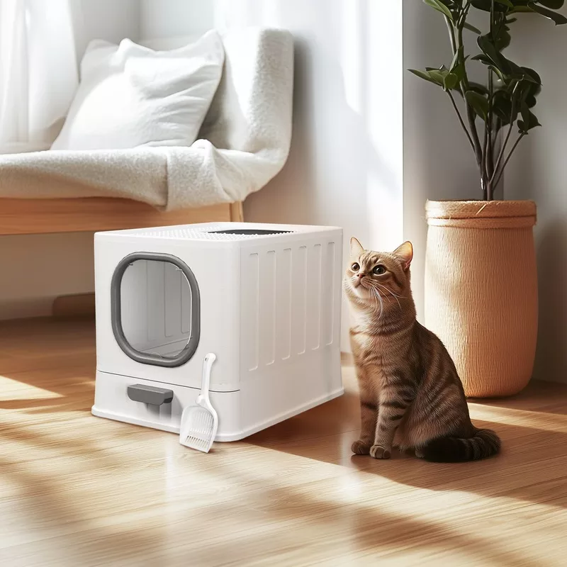 Large Cat Litter Box with Lid, Enclosed Drawer Type Litter Box with Scoop for Cat, Plastic Easy to Clean Cat Toilet 15×20 Inch