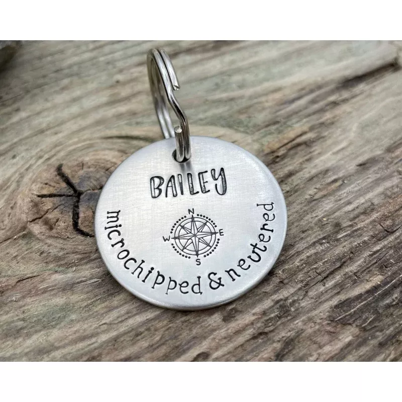 'Microchipped' Dog id tag, hand stamped with compass & phone numbers