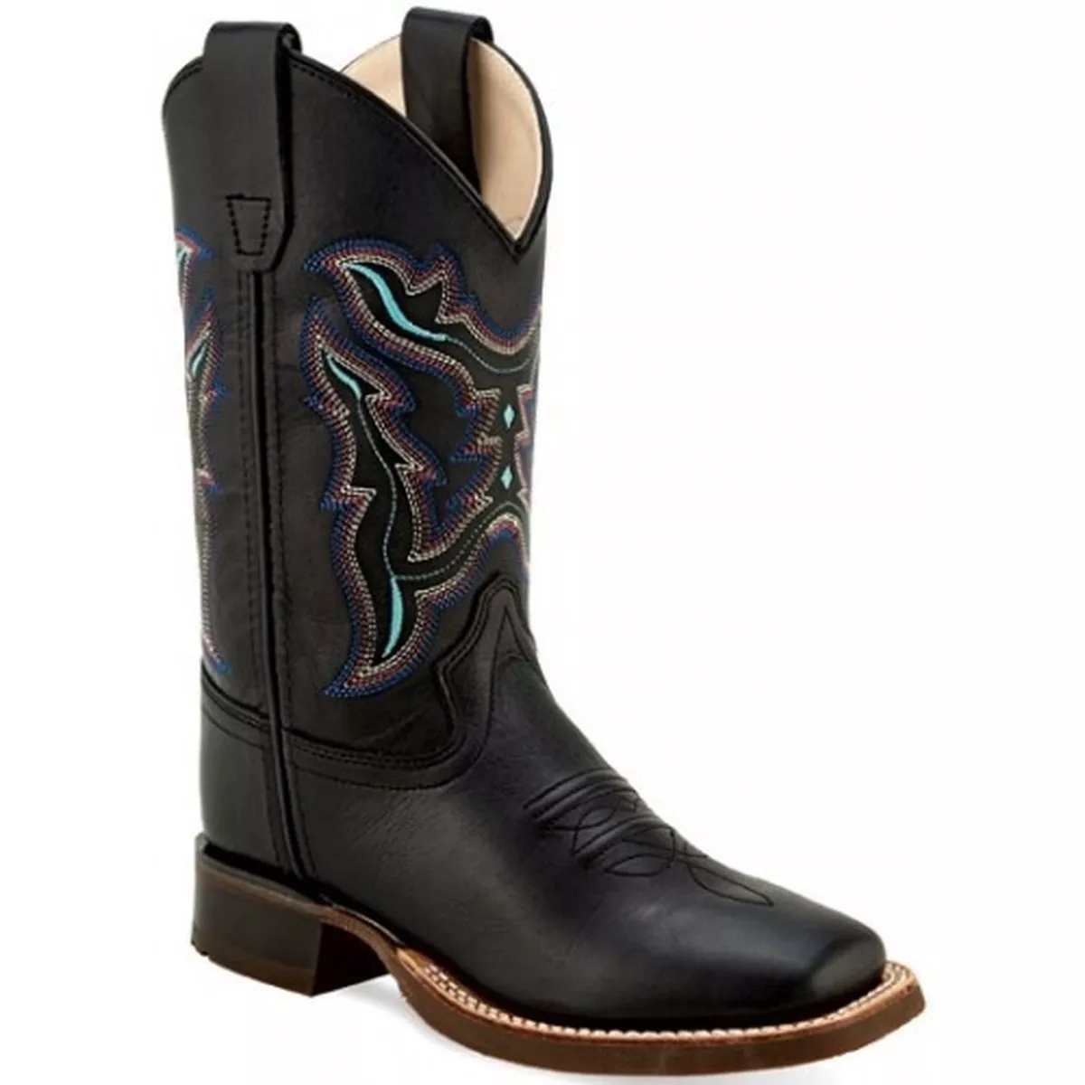 Old West Children's Black Multi Color Stitch Square Toe Western Boots