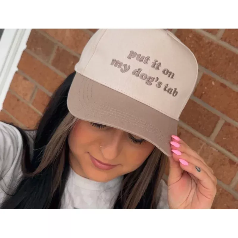 Put It On My Dog's Tab Embroidered Trucker Hat Beige