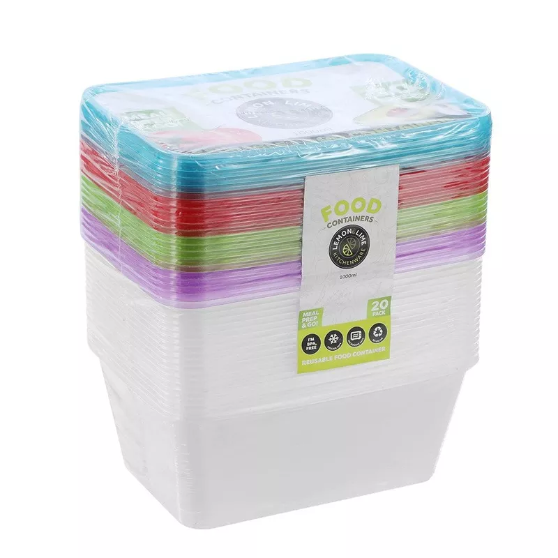 Rectangle Reusable Food Containers with Coloured Lids1L (20 Pack)