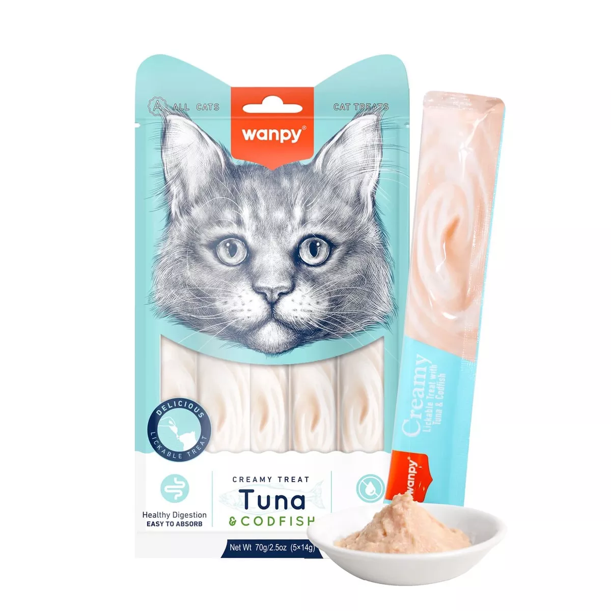 Wanpy Creamy Lickable Cat Treats Tuna & Codfish (14gx5)
