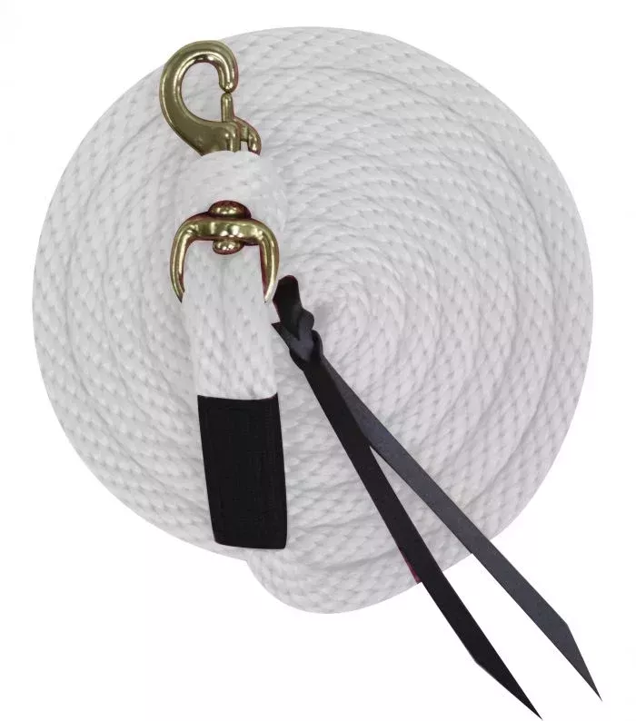 WHITE 5/8″ x 10′ Deluxe poly lead with removable brass snap and leather ends.